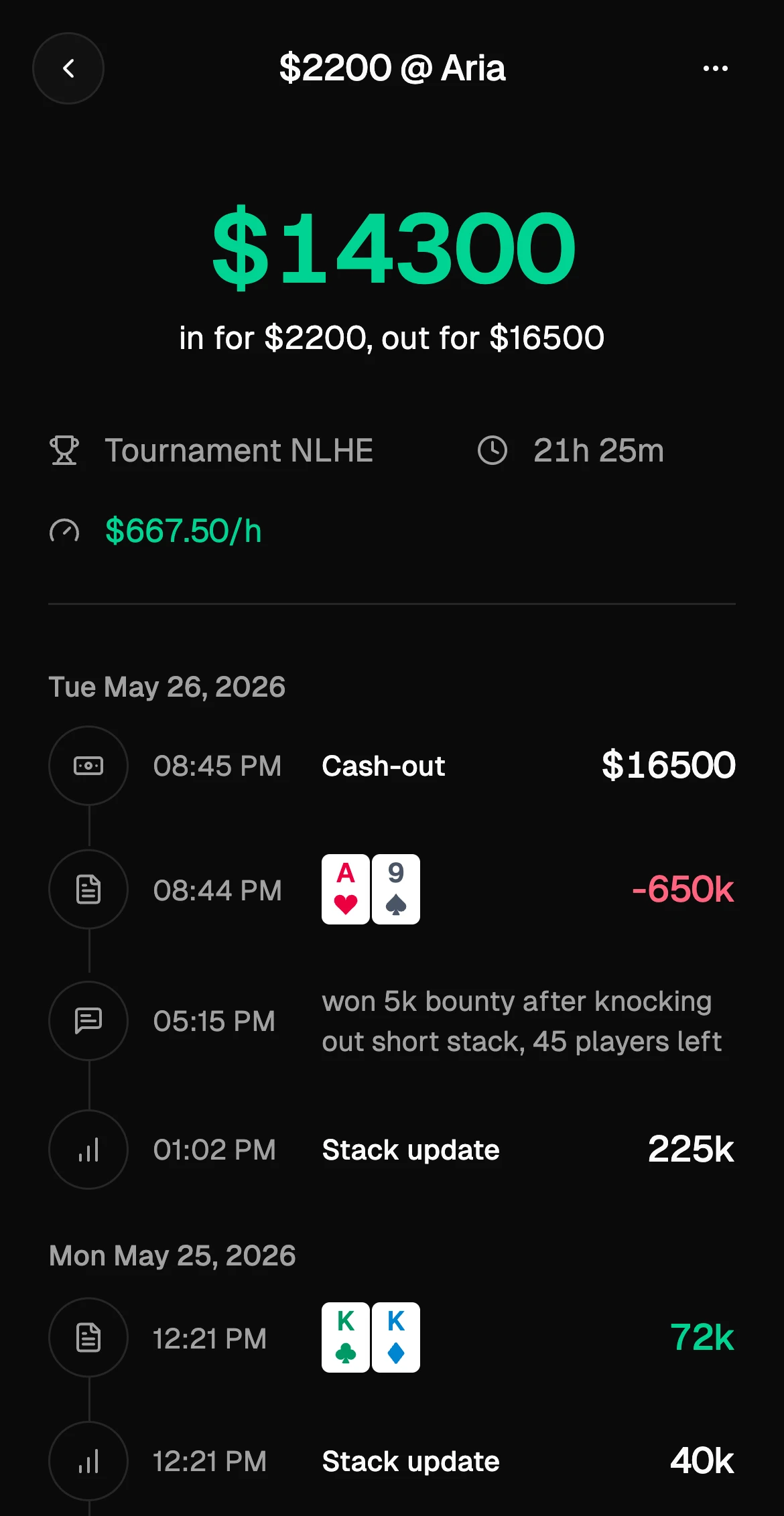 Poker session history timeline with cash-outs, stack updates, notes, and recorded hands
