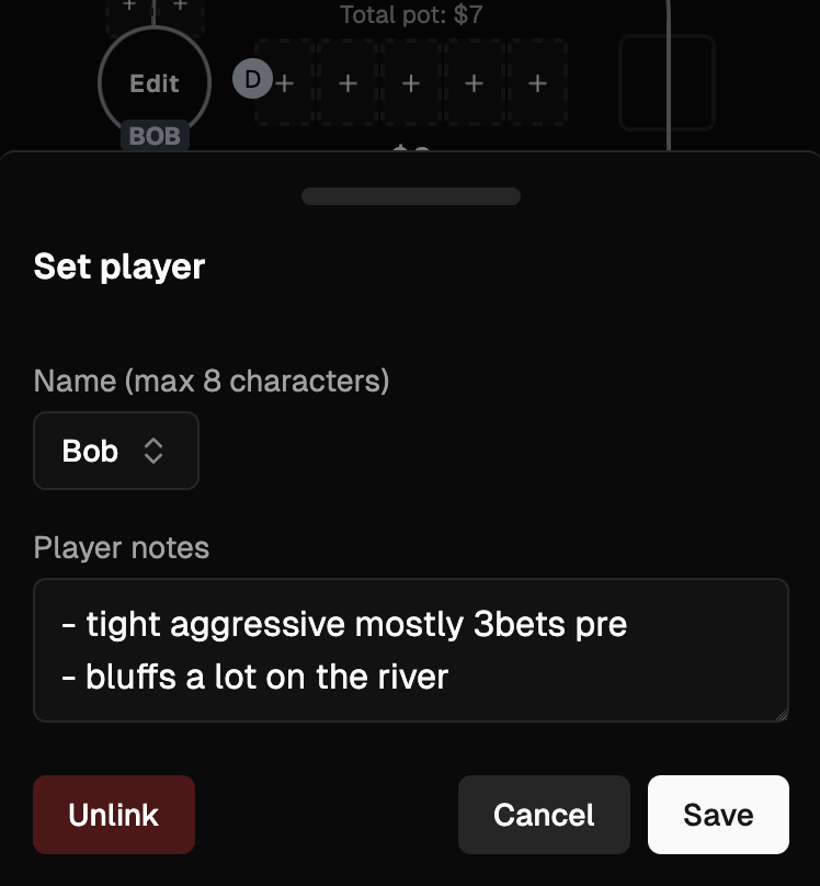 Poker player notes editor for hand review